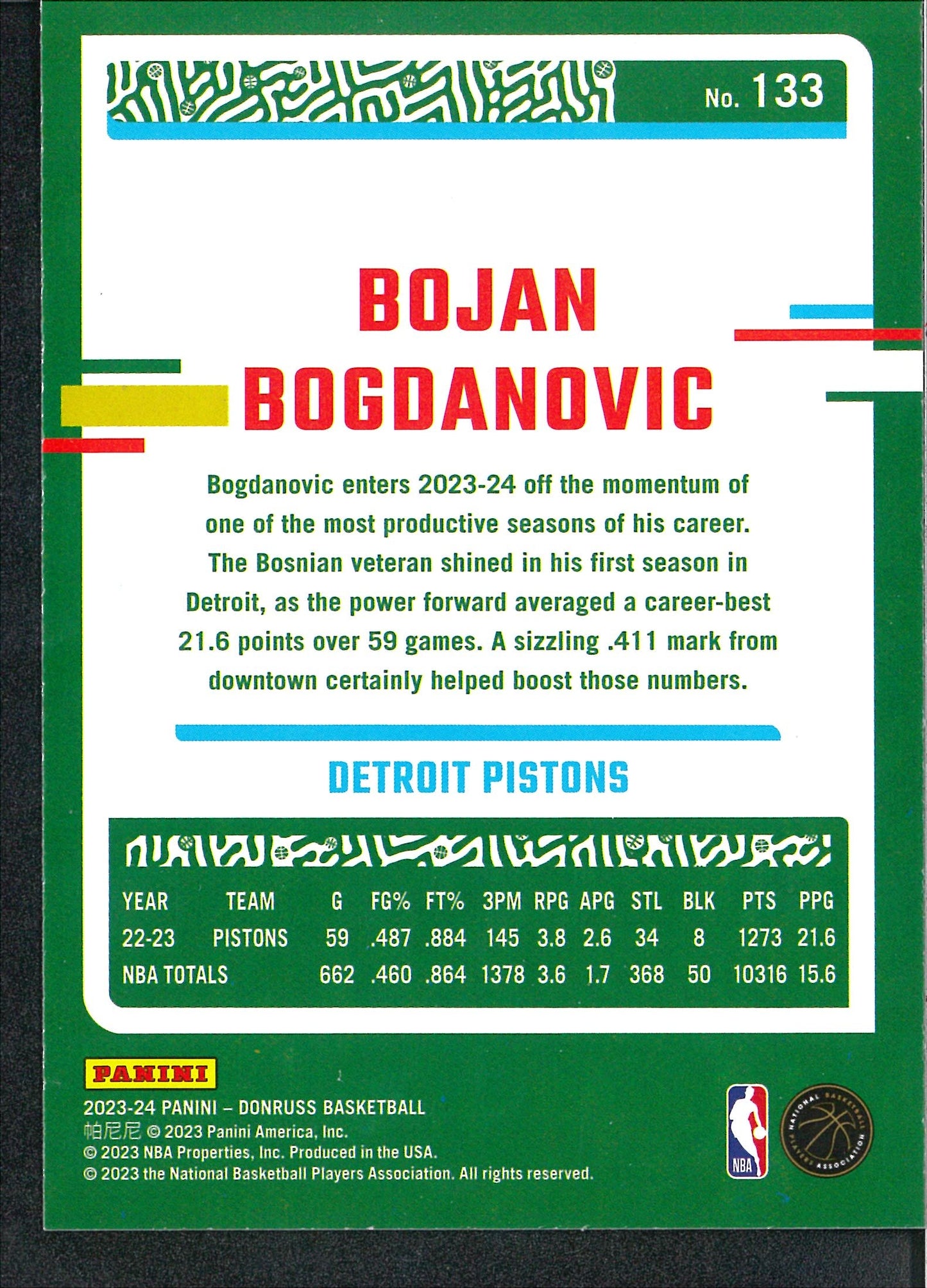 2023/24 Panini Donruss #133 Bojan Bogdanovic Green Laser