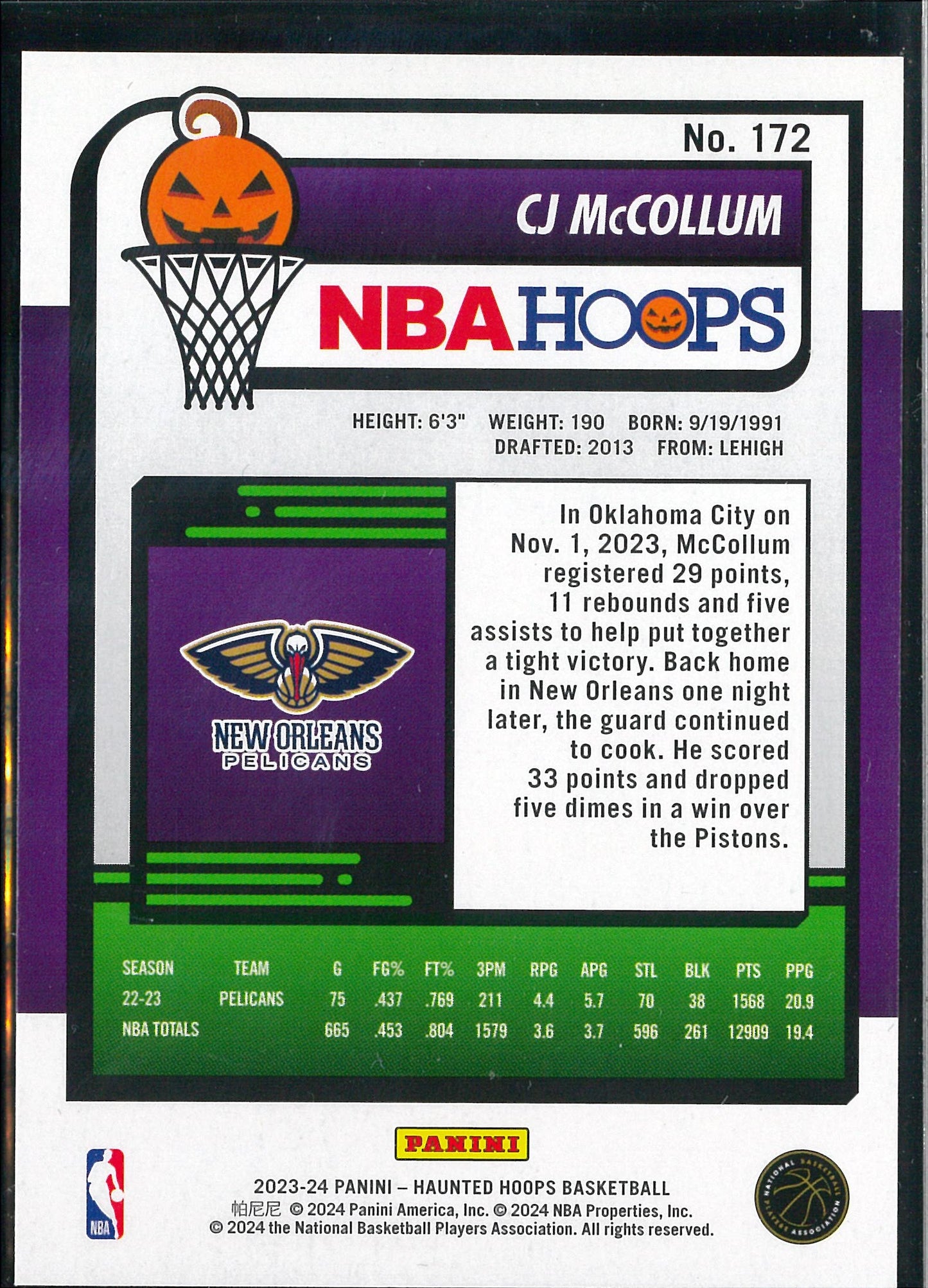 2023/24 Panini Haunted Hoops #172 CJ McCollum JR Slime