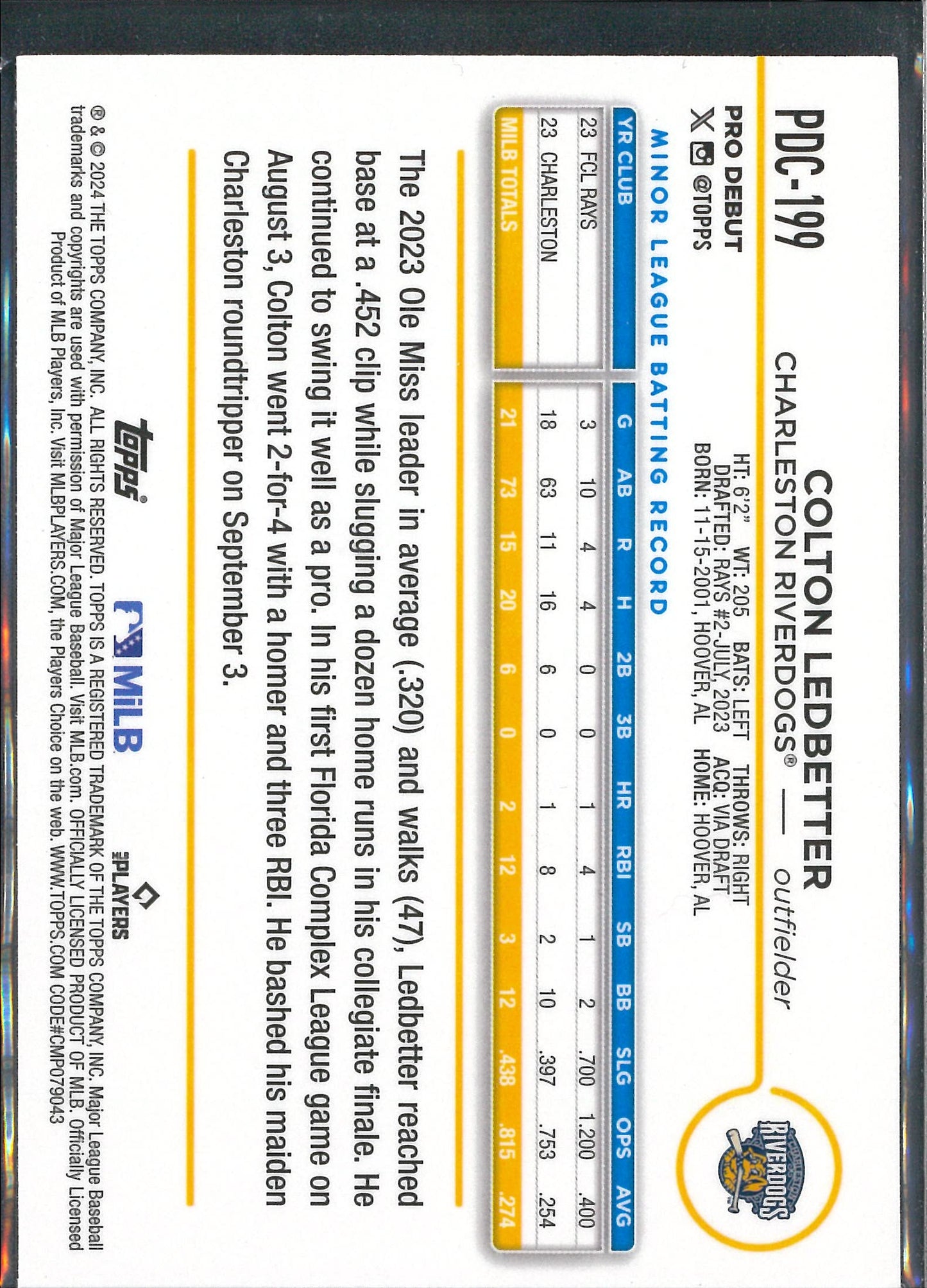 2024 Topps Pro Debut Baseball #PDC-199 Colton Ledbetter Gold /50