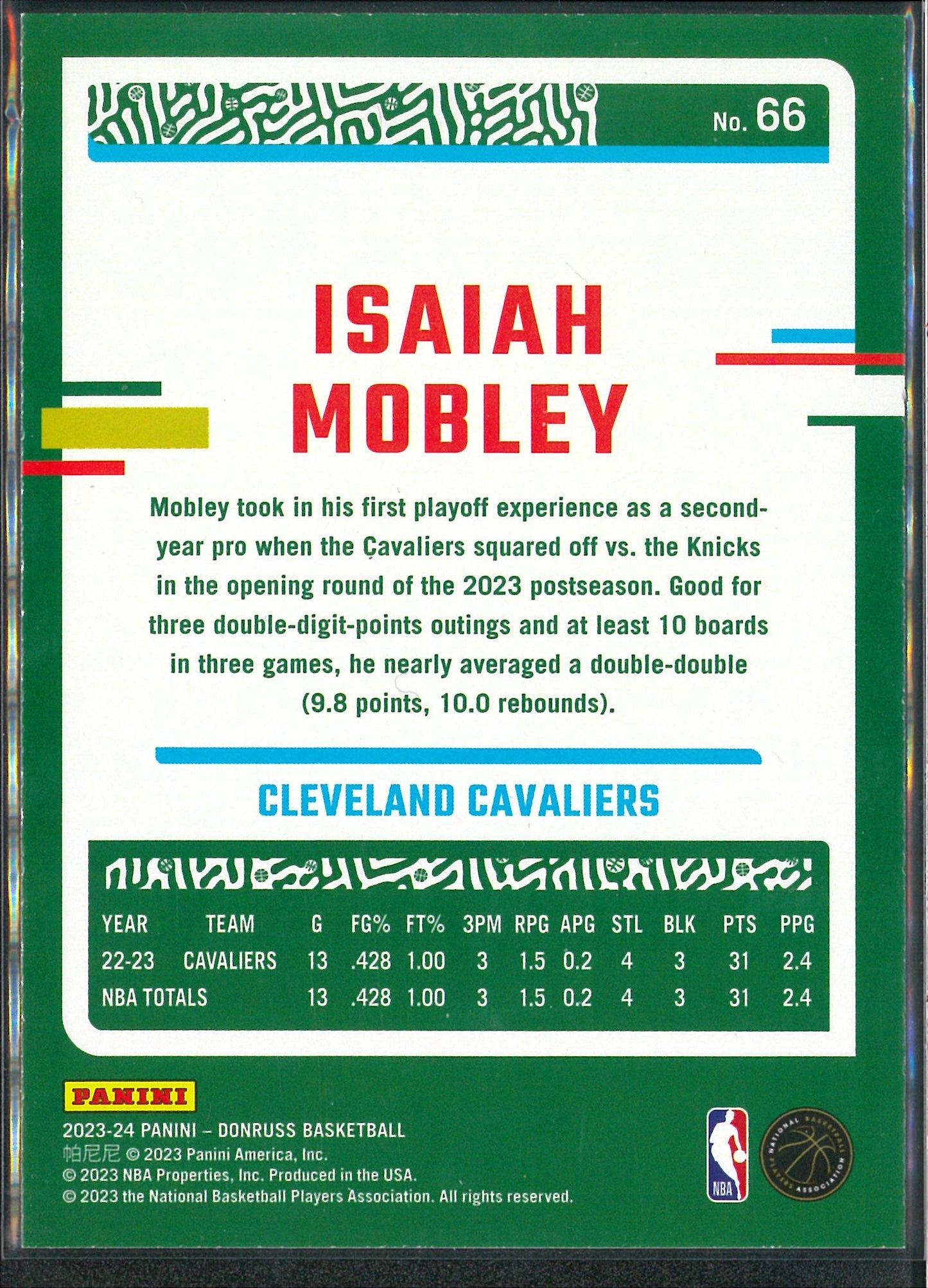 2023/24 Panini Donruss #66 Isaiah Mobley Green Laser
