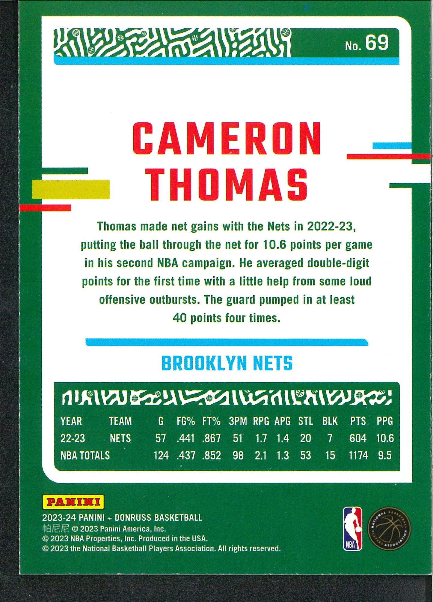 2023/24 Panini Donruss #69 Cameron Thomas Green Laser